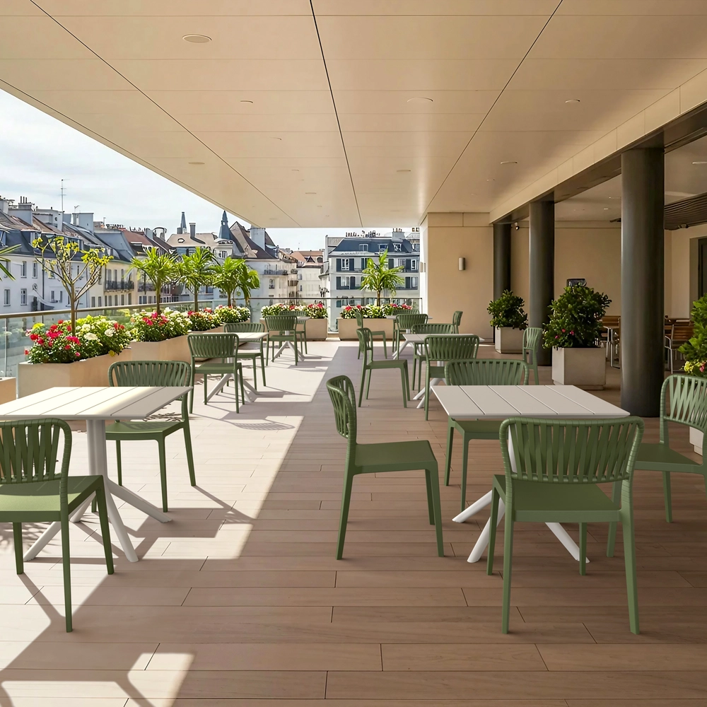 Silla PORTOFINO apilable con mesa Paris 80 para terraza – conjunto exterior elegante