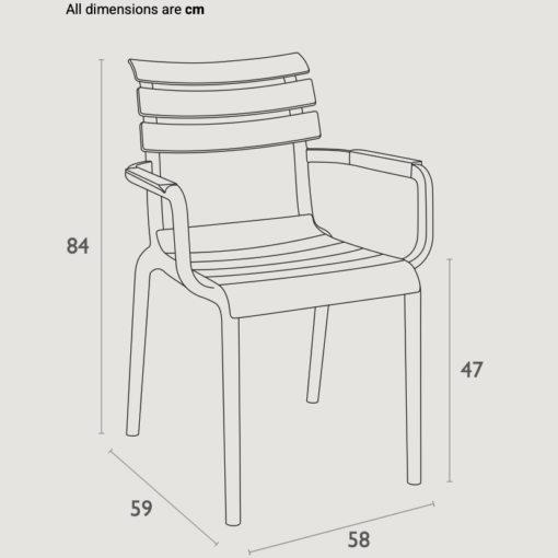 Silla Paris con brazos dimensiones y medidas técnicas 84x58x59 cm