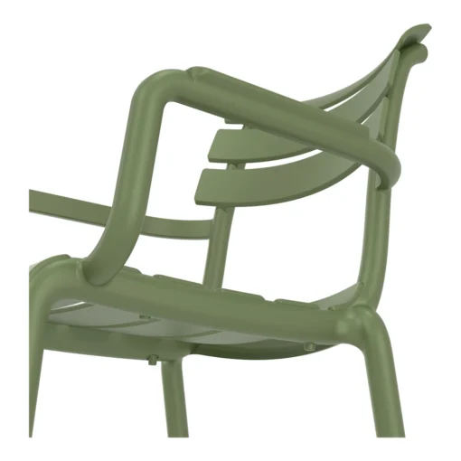 Silla Paris con brazos verde oliva detalle estructura polipropileno fibra de vidrio