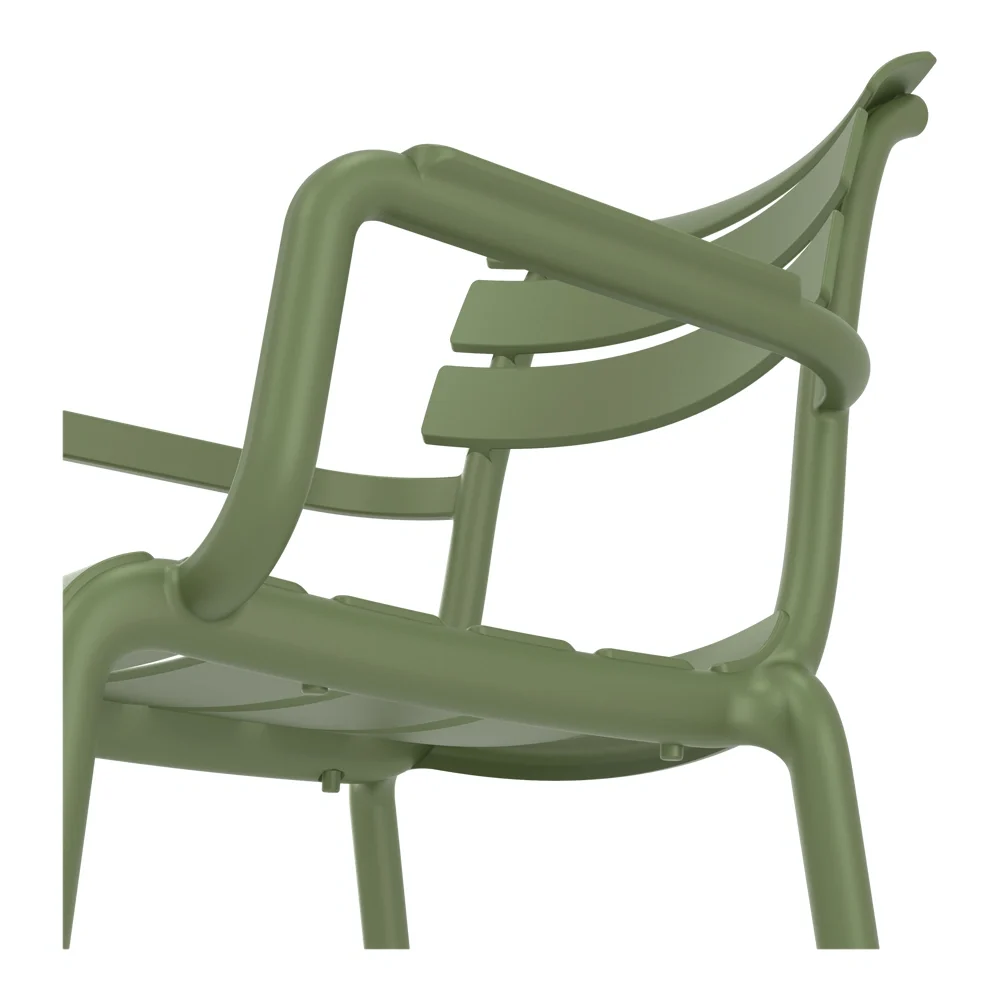 Silla Paris con brazos verde oliva detalle estructura polipropileno fibra de vidrio