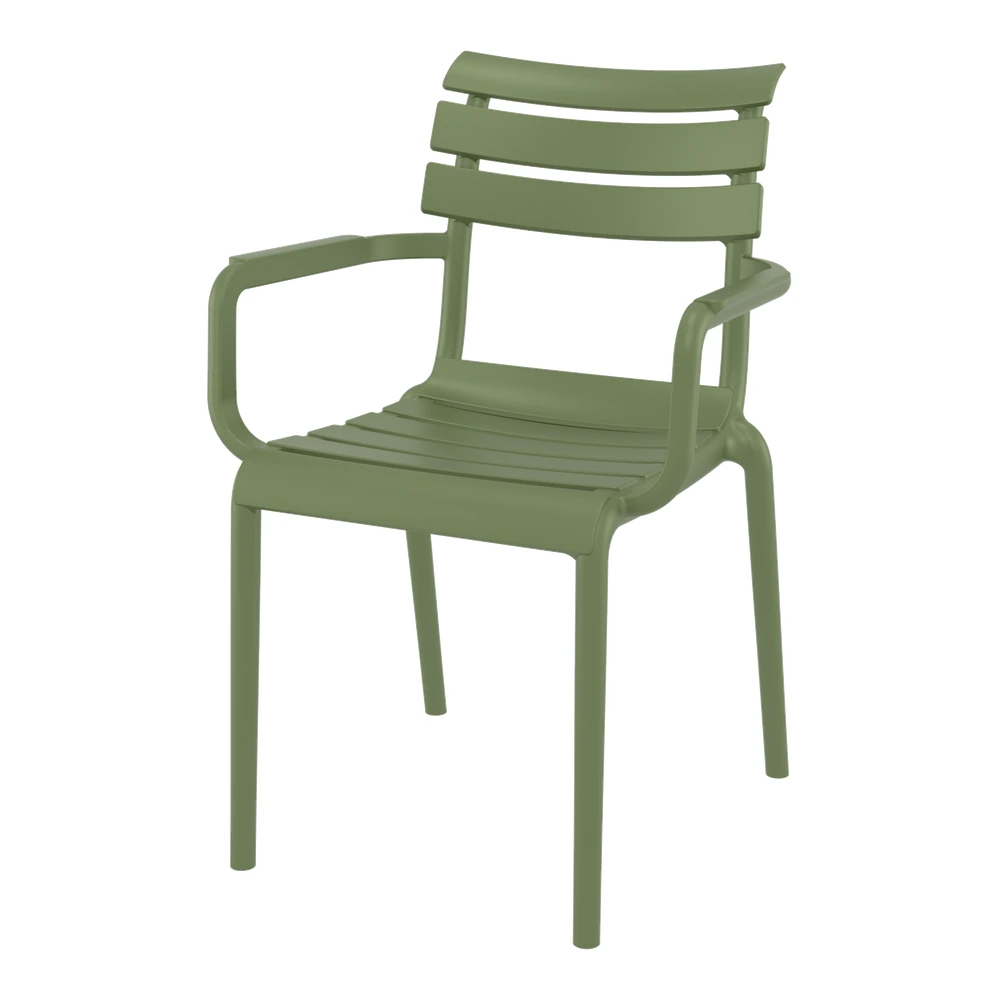 Silla Paris con brazos apilable color verde oliva - vista frontal lateral