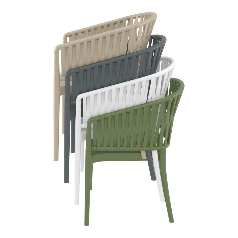 Sillas Portofino apilables con brazos en varios colores: taupe, gris oscuro, blanco y verde oliva