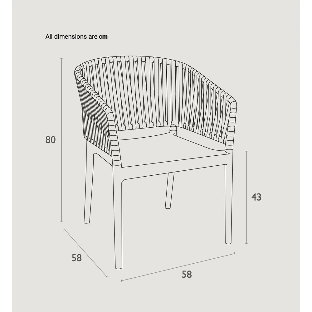 Dimensiones silla PORTOFINO DUO N con brazos – 80cm alto, 58cm ancho, 58cm profundidad