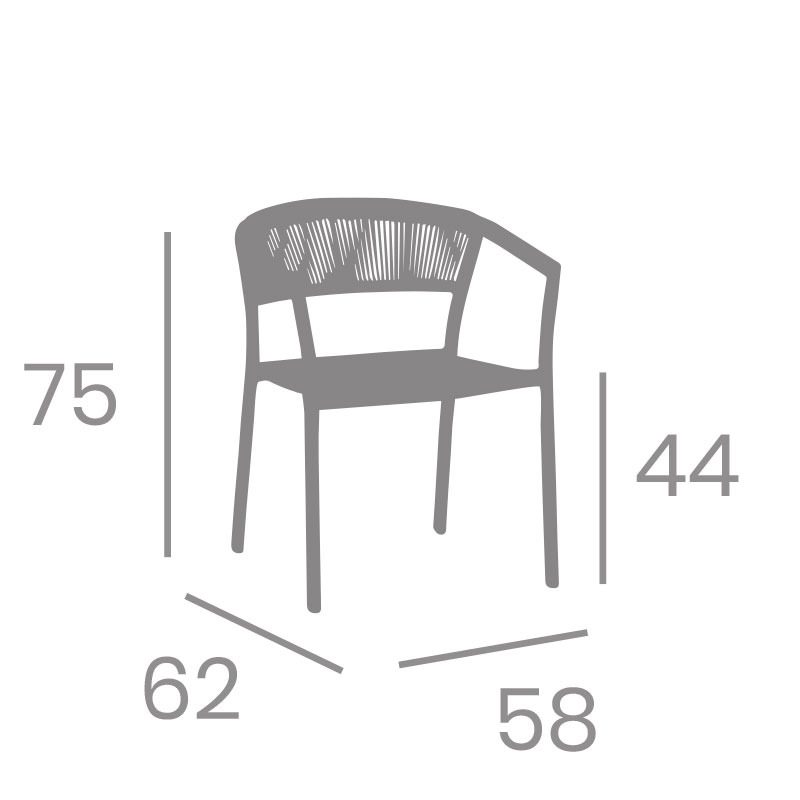 Dimensiones del sillón SEÚL: 58 cm de ancho, 62 cm de fondo, 75 cm de alto y asiento a 44 cm