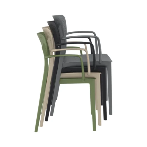 Silla LOFT con brazos apilada en color verde oliva - apilable hasta 22 unidades para optimizar almacenamiento