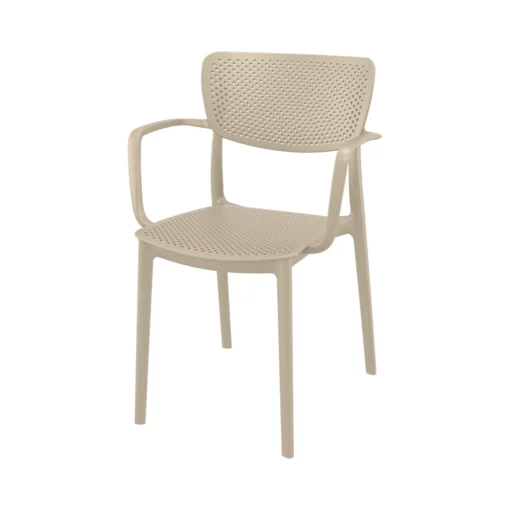 Silla LOFT con brazos apilable color taupe, respaldo perforado, ideal para hostelería y exterior - Siesta Exclusive