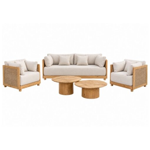 conjunto rodas aluminio tapizado y cuerda compuesto sofá dos sillones dos mesas para exterior e interior
