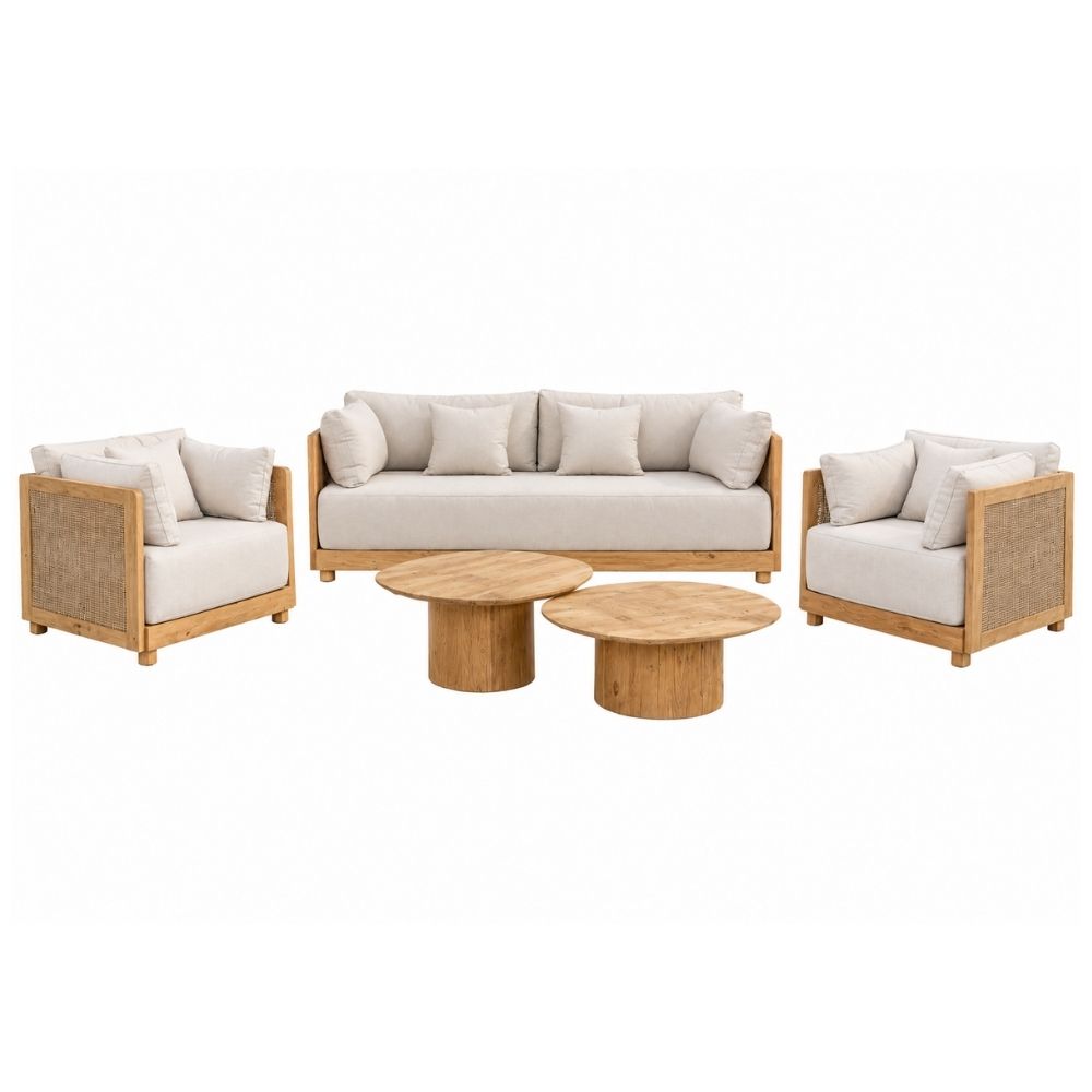 conjunto rodas aluminio tapizado y cuerda compuesto sofá dos sillones dos mesas para exterior e interior