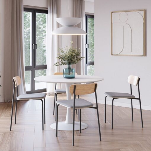 silla sin brazos adriana estructura de metal asiento tapizado y respaldo de madera para uso interior